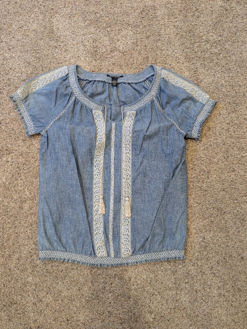 Lucky Brand Blue Chambray Embroidered Peasant Top